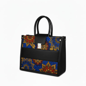 Classic Ankara Leather Handbag (Black/Blue)